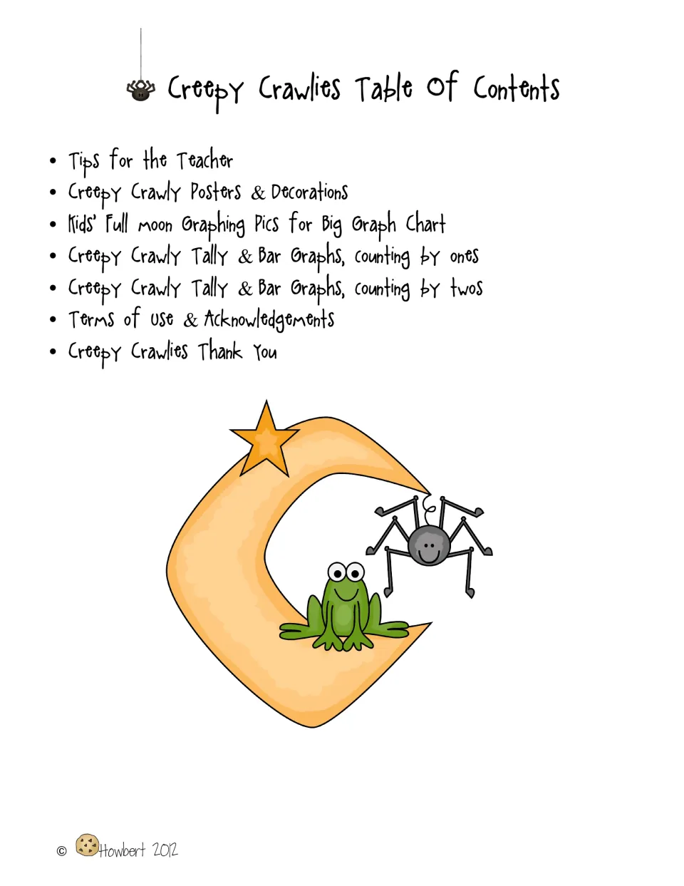 Table of contents listing teacher tips, posters, full-moon graphing pictures, and graphs counting by ones and twos
