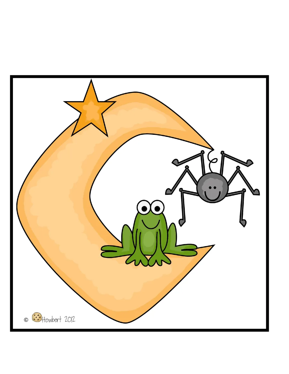 Decoration for the graphing set featuring a green frog on a crescent moon beside a hanging gray spider
