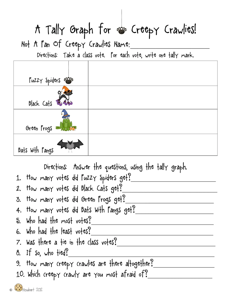 Tally graph records votes for spiders, cats, frogs, and bats, with 10 questions about counts and preferences