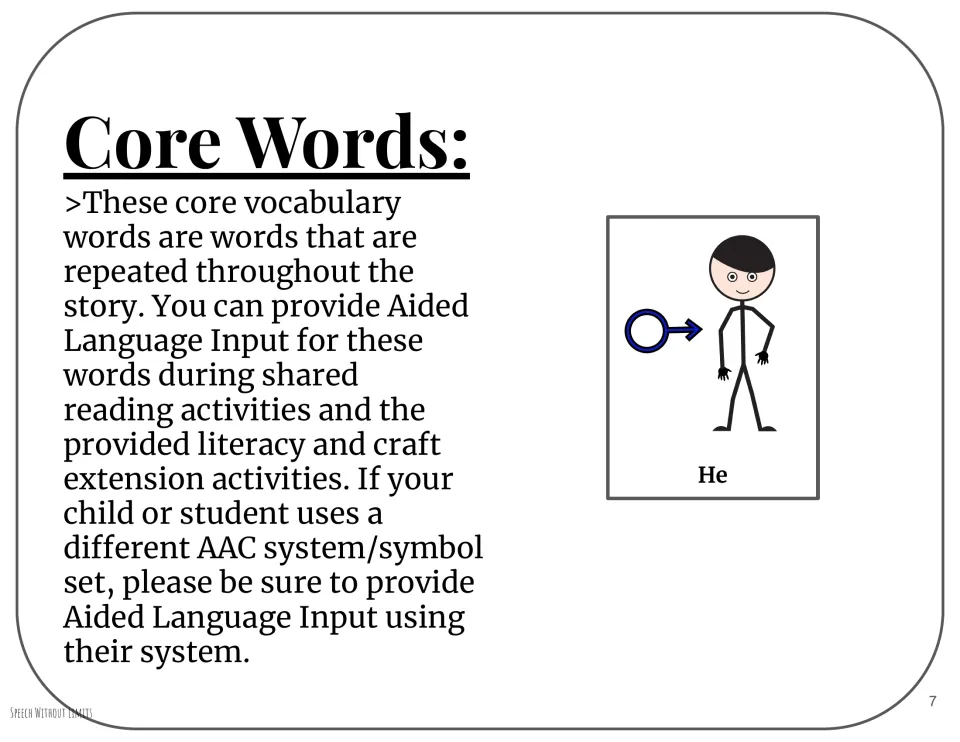 Core word he with a picture symbol and guidance for aided language input during shared reading and crafts