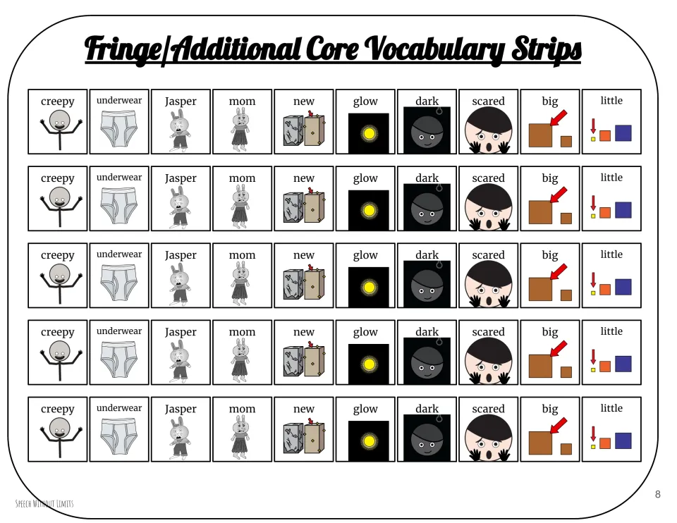 Five identical vocabulary strips: creepy, underwear, Jasper, mom, new, glow, dark, scared, big, and little