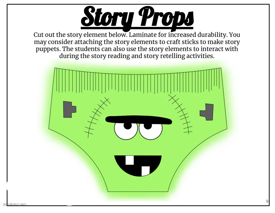 Story prop of green underwear to cut out for shared reading and retelling, with optional craft-stick mounting