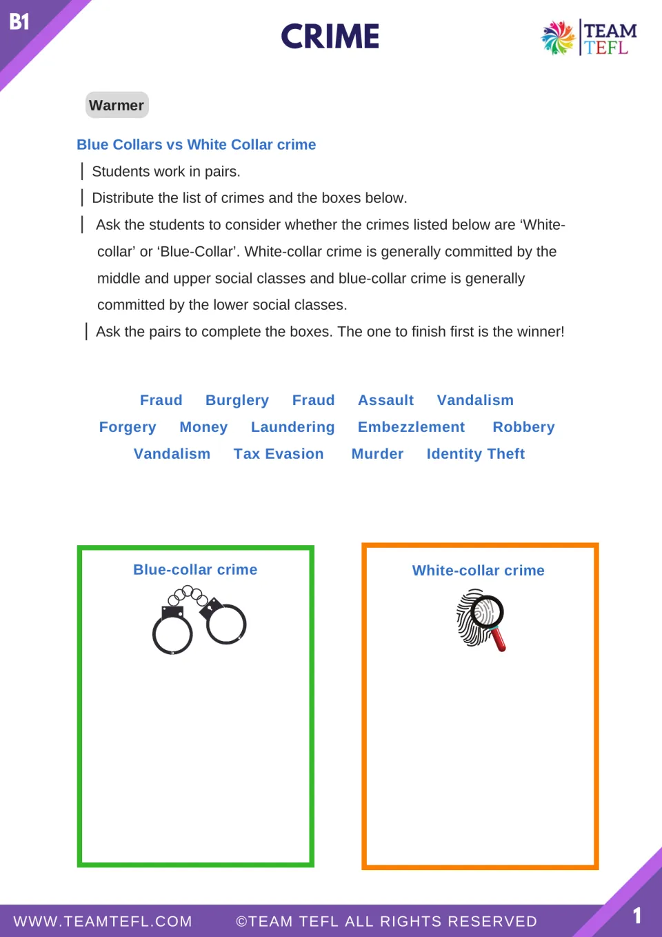 Crime lesson warm-up: sort fraud, burglary, assault, vandalism, and other crimes as blue-collar or white-collar.