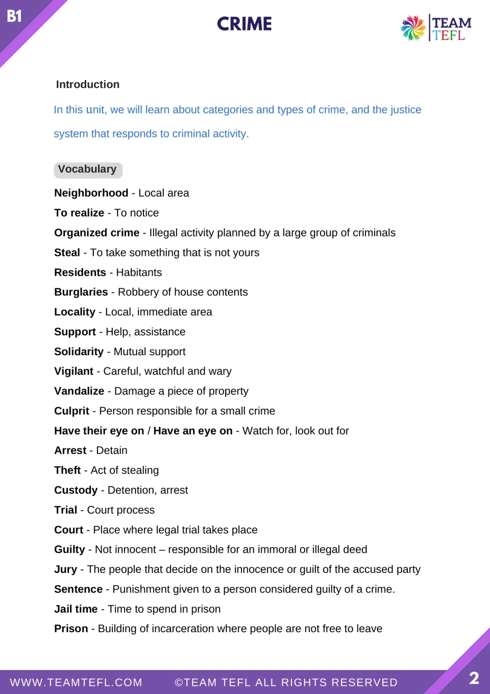 Crime lesson introduction and 23 vocabulary definitions, including neighborhood, theft, custody, jury, and prison.