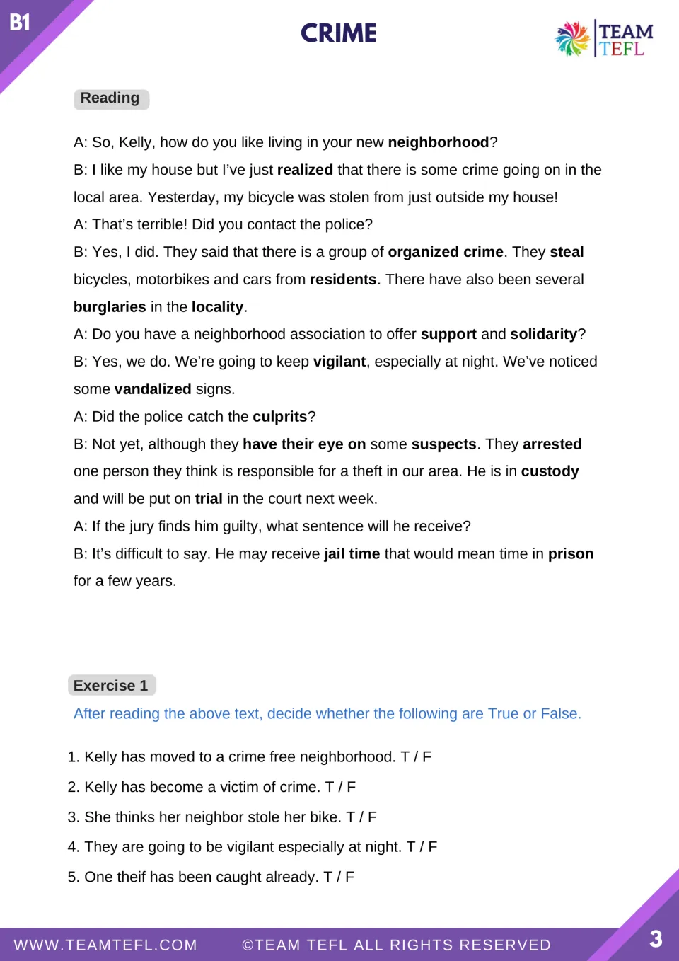 Reading dialogue about Kelly's stolen bicycle and neighborhood crime, followed by five true-or-false statements.