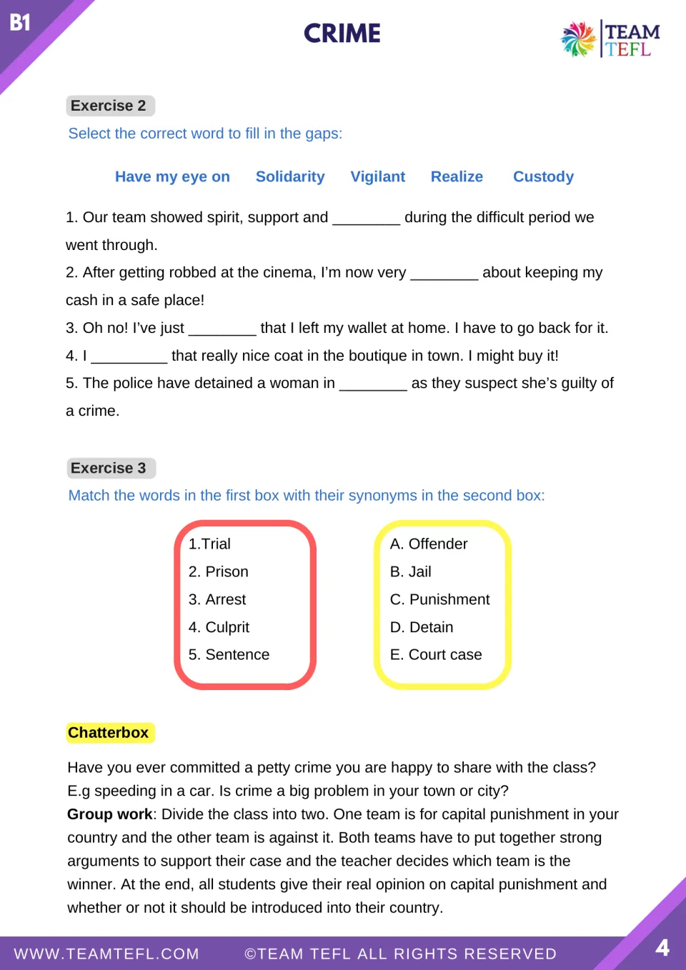 Crime vocabulary practice: five fill-in sentences, five synonym matches, and prompts for a capital punishment debate.