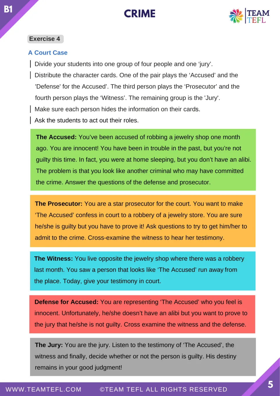 Court role-play instructions and five role cards: accused, prosecutor, witness, defense attorney, and jury.