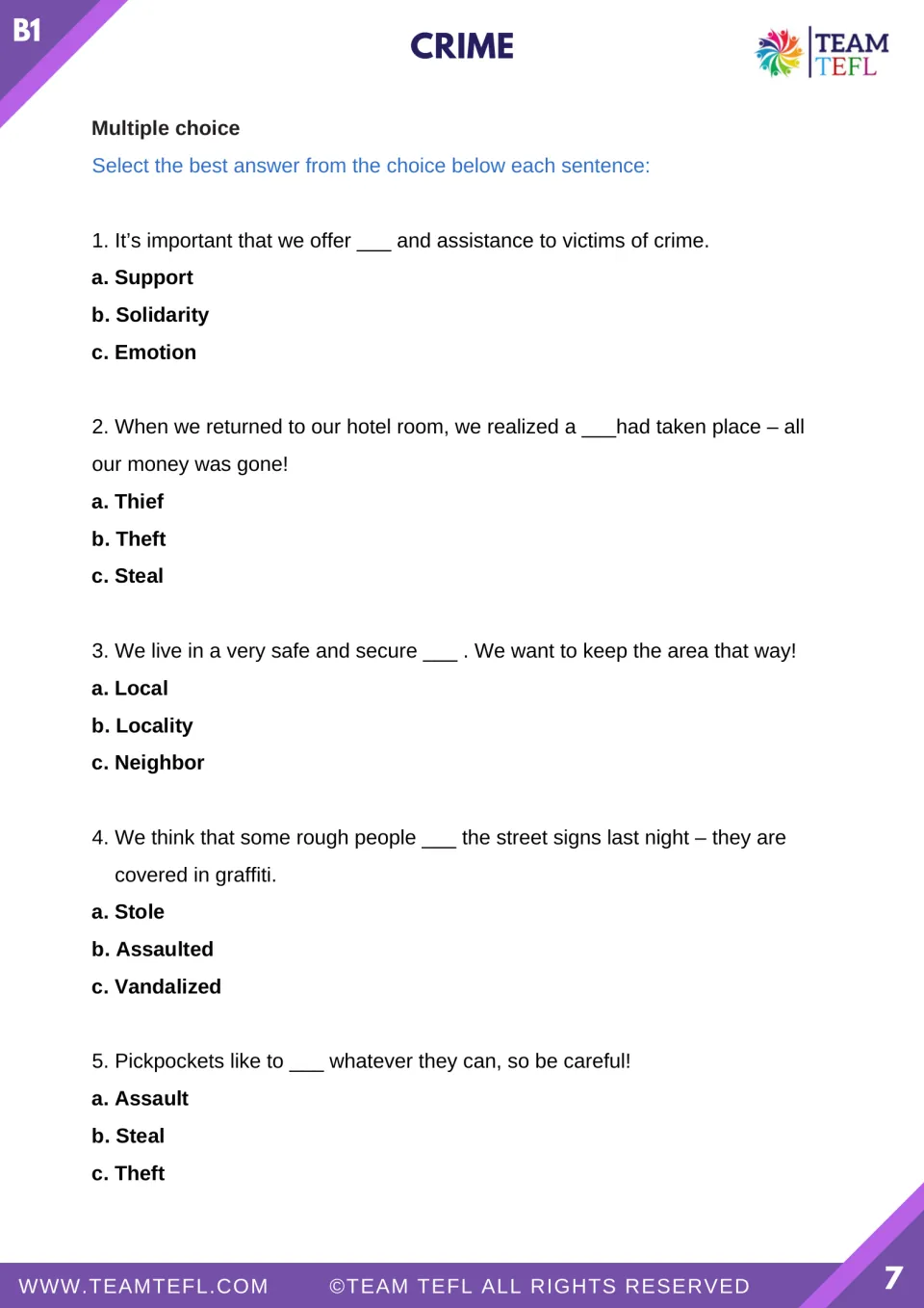 Five multiple-choice crime vocabulary questions practice support, theft, locality, vandalized, and steal.