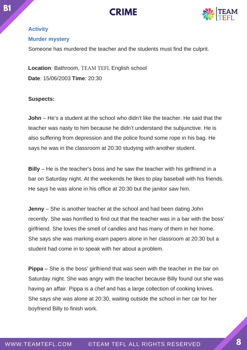 Murder mystery opening: a teacher's death at an English school and four suspects named John, Billy, Jenny, and Pippa.