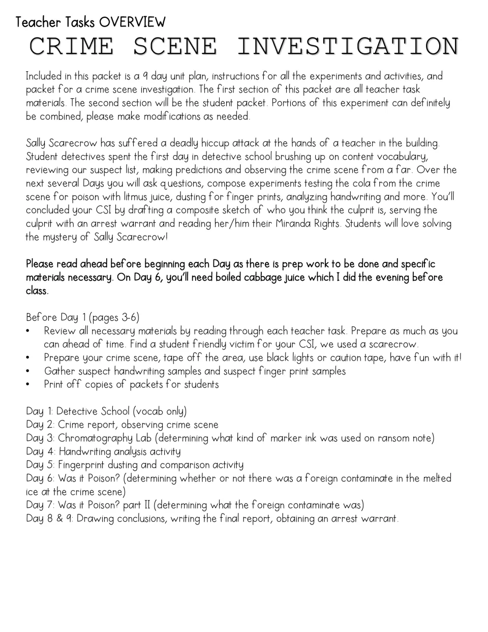 Crime scene investigation overview: 9-day plan from detective school to chromatography, fingerprints and arrest warrant