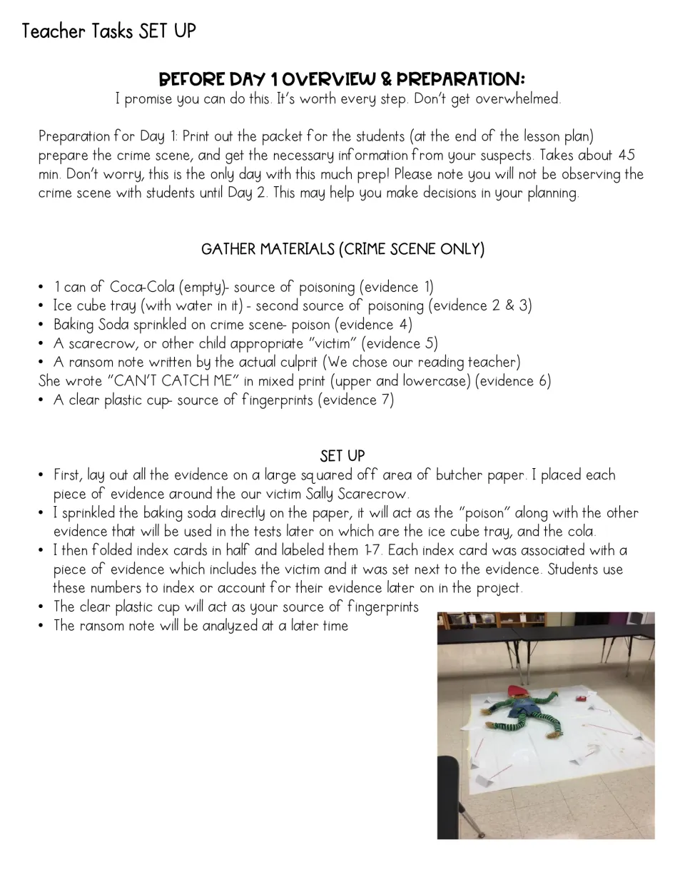 Before Day 1 setup: list of seven evidence items and steps to stage the scarecrow victim, with a photo of the crime scene