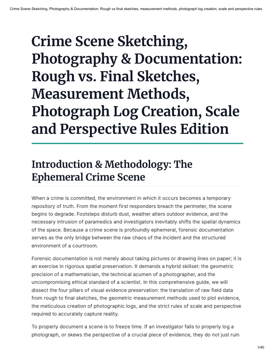 Opening reading introduces crime scene documentation and its four pillars: sketches, measurements, logs, and scale.