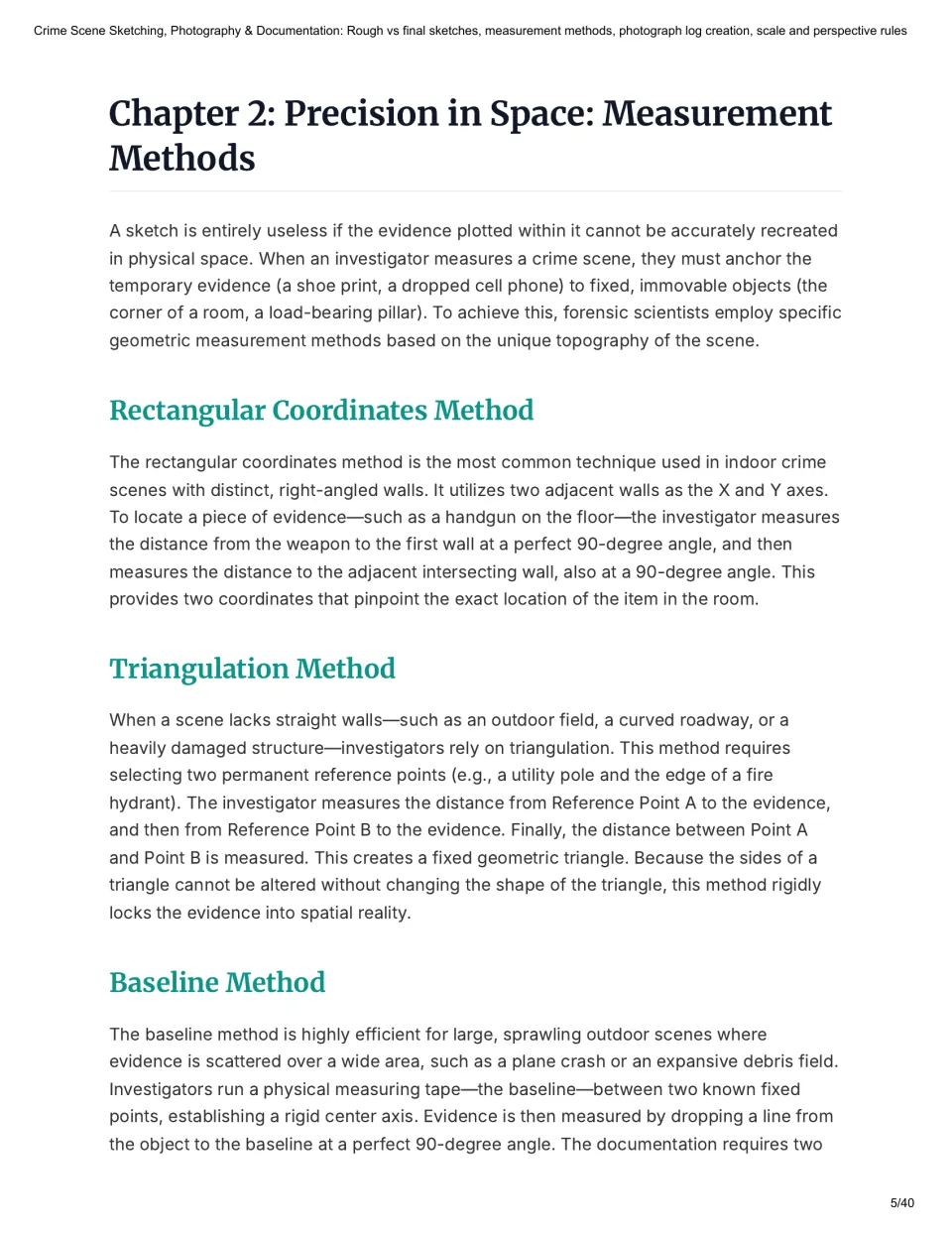 Chapter 2 reading introduces rectangular coordinates, triangulation, and baseline methods for locating evidence.