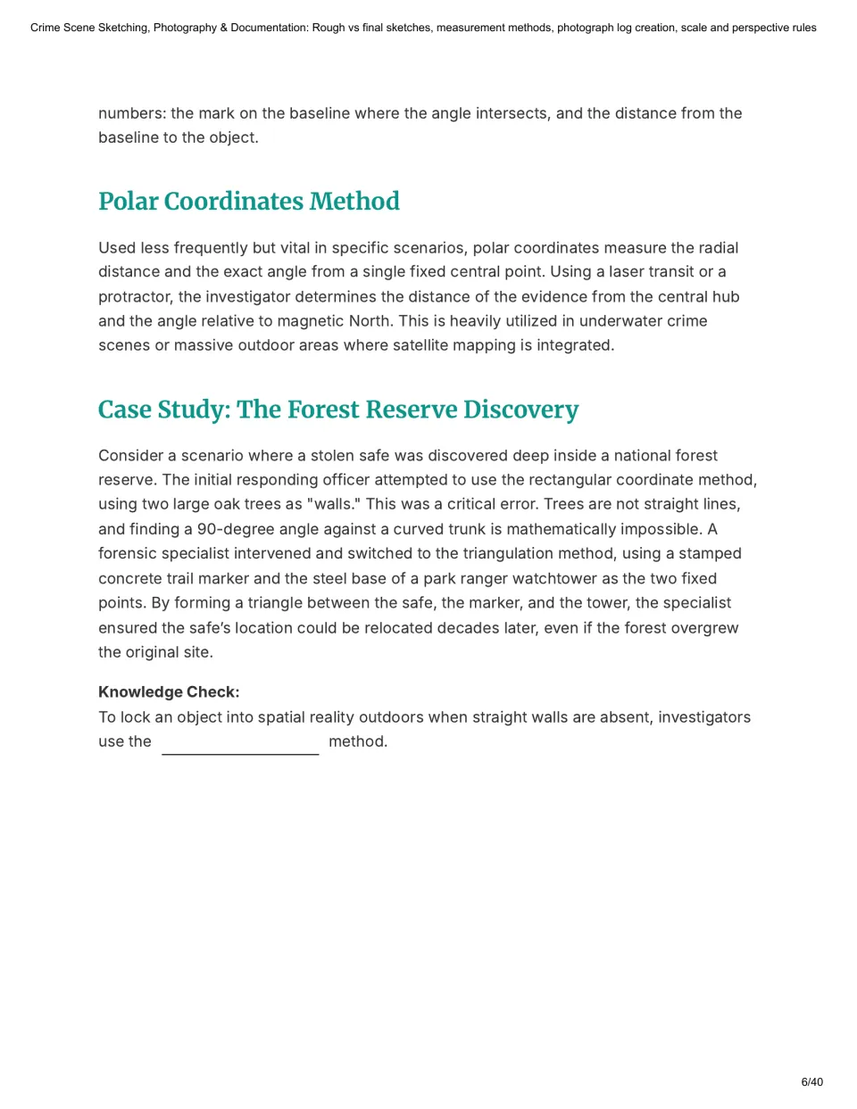 Chapter 2 continues with polar coordinates, a forest reserve case study, and a triangulation knowledge check.