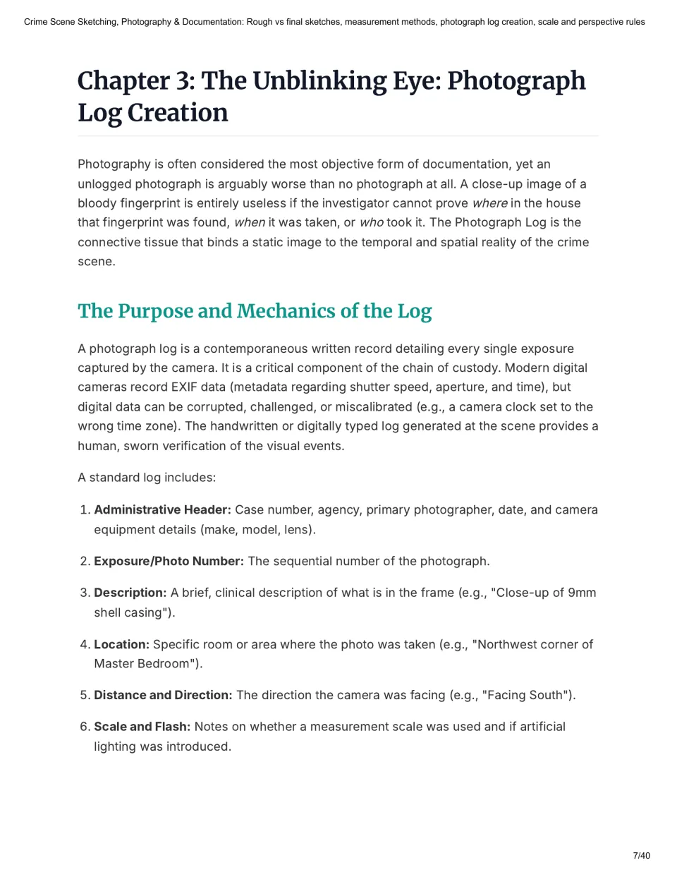 Chapter 3 explains photograph logs, listing header details, photo number, description, location, scale, and more.