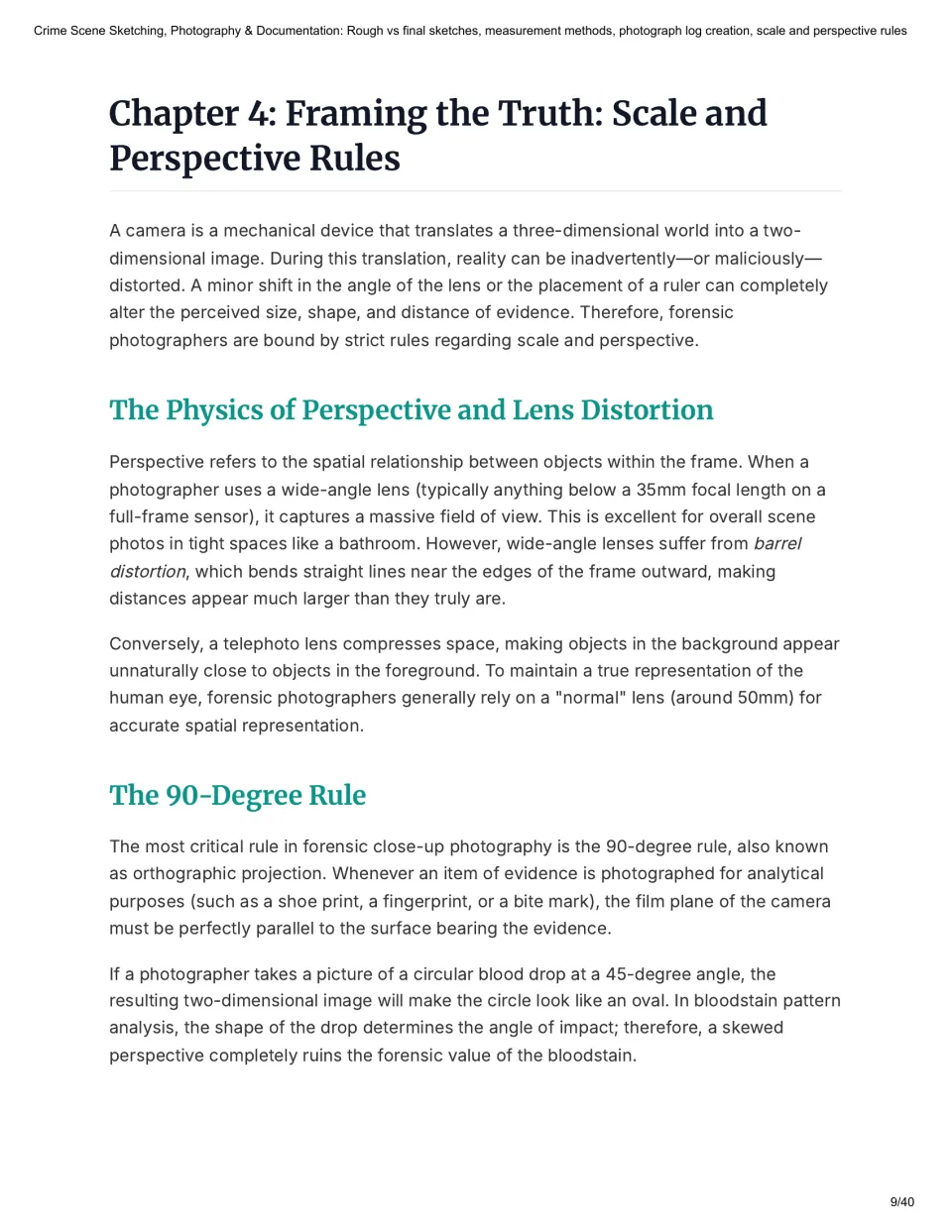 Chapter 4 reading explains perspective, lens distortion, and the 90-degree rule for photographing evidence.