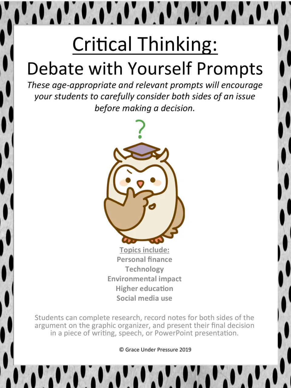 Debate with Yourself Prompts cover: topics on personal finance, technology, environment, higher education and social media