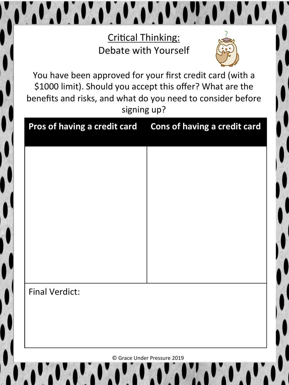 First credit card with a $1000 limit: students list pros and cons of accepting the offer, then write a final verdict