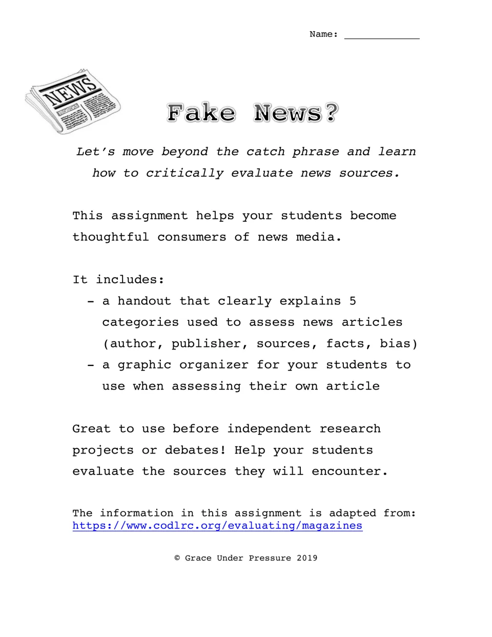 Fake News? title page listing a handout on 5 categories for judging news and a graphic organizer for assessing an article