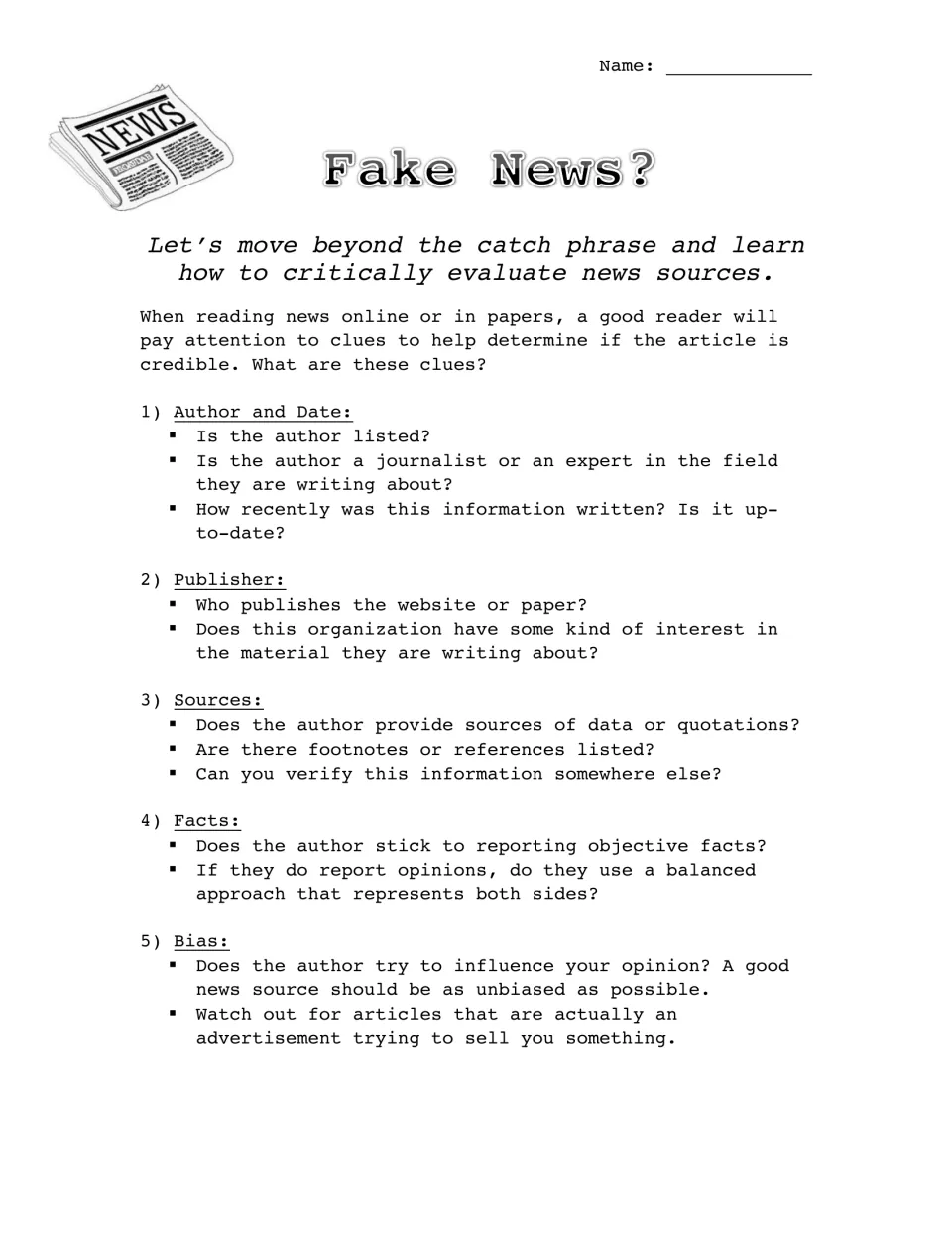 Evaluating news sources handout: questions students ask about author and date, publisher, sources, facts and bias