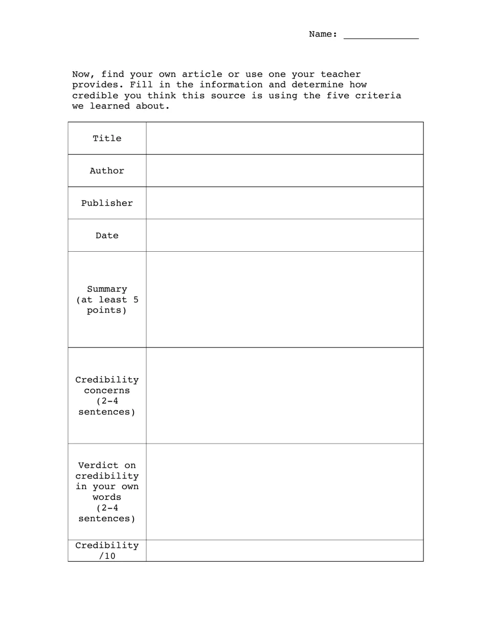 Article credibility organizer: students record title, author, publisher, date, summary and concerns, then rate it out of 10
