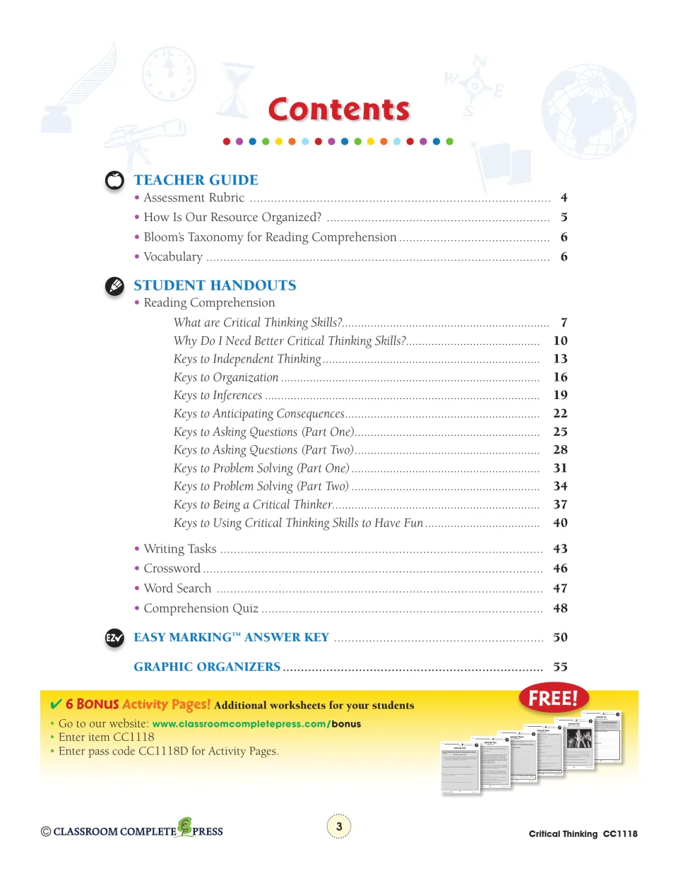 Contents: teacher guide, 12 reading chapters on skills like inferences and problem solving, puzzles, quiz and answer key