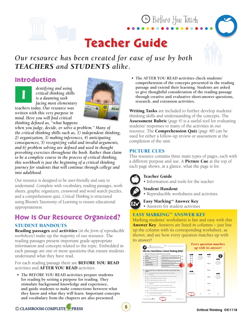 Teacher guide introduction explaining the six skills taught, before and after you read activities, and picture cues