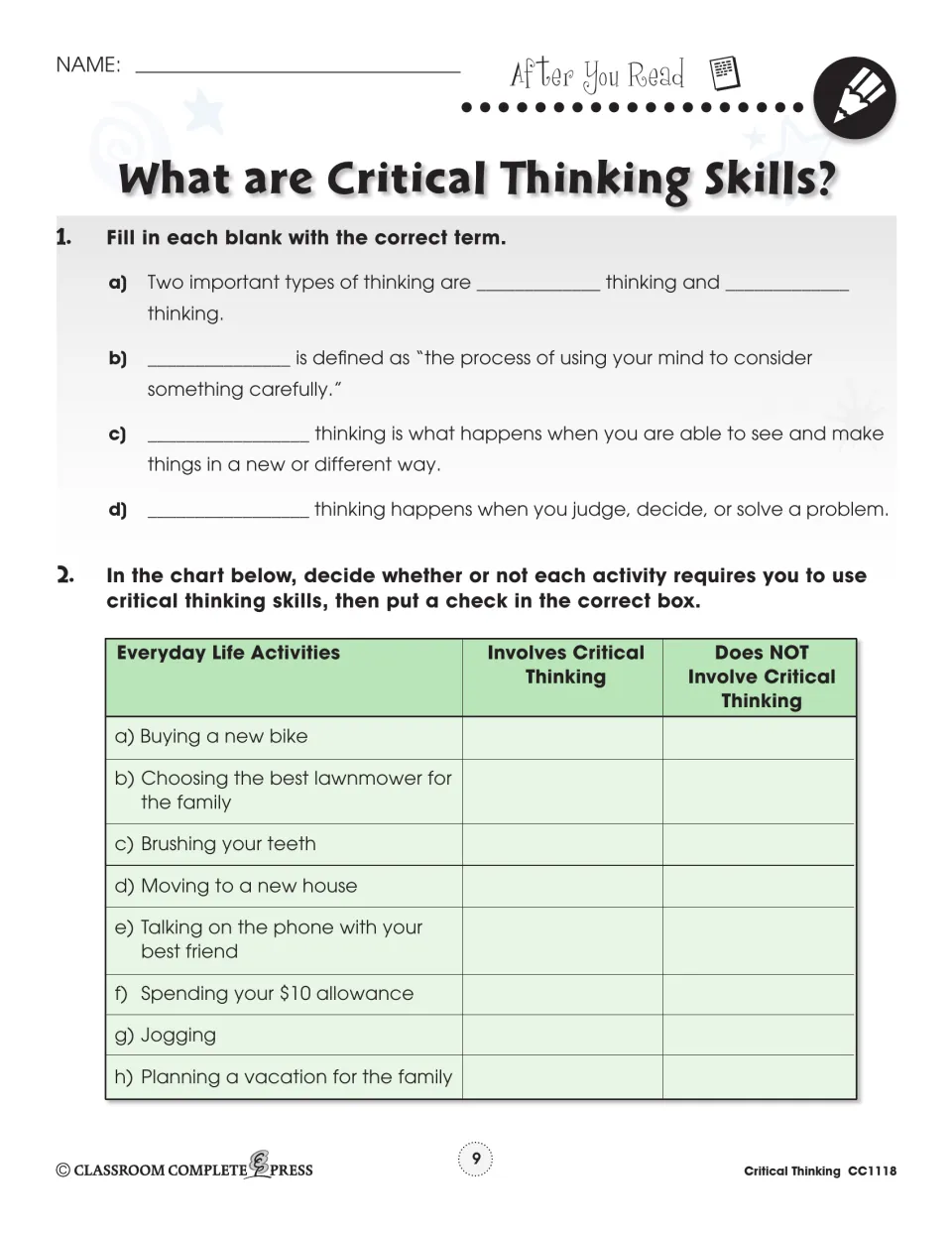 Types of thinking review: students fill in blanks, then sort 8 everyday activities by whether they need critical thinking