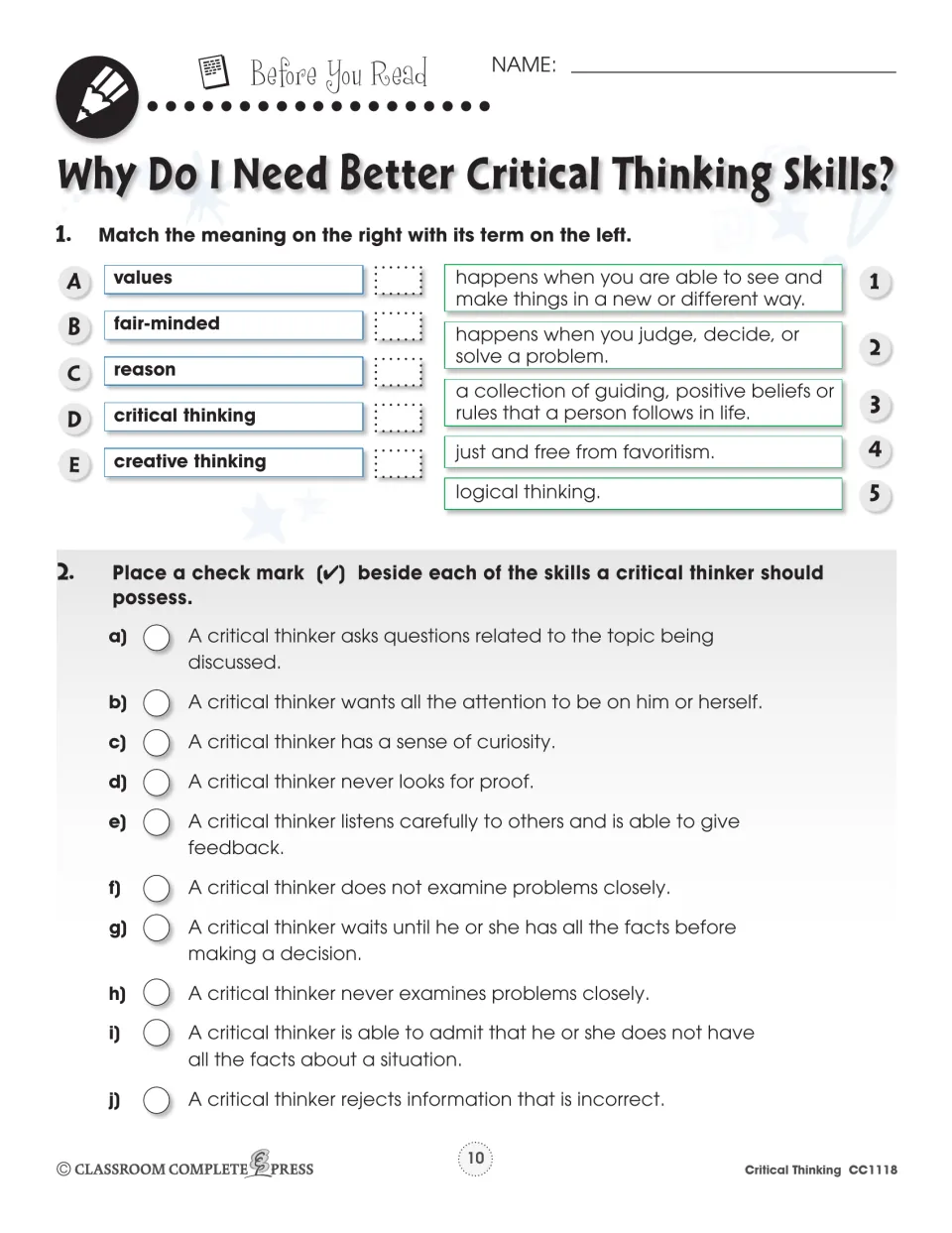 Why do I need better critical thinking skills? Students match five terms to meanings and check traits of a critical thinker