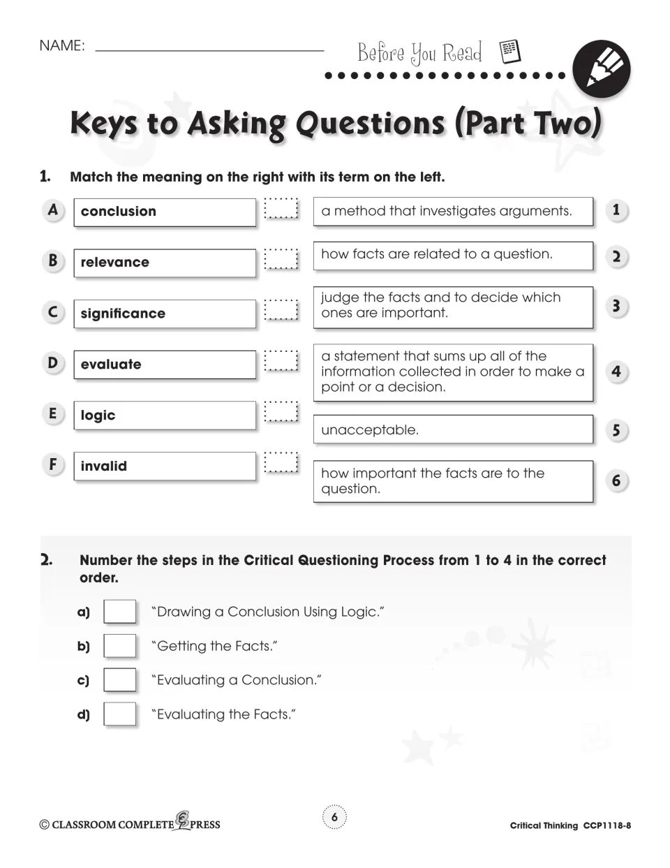 Before-reading practice matches six critical thinking terms to meanings and orders four questioning steps