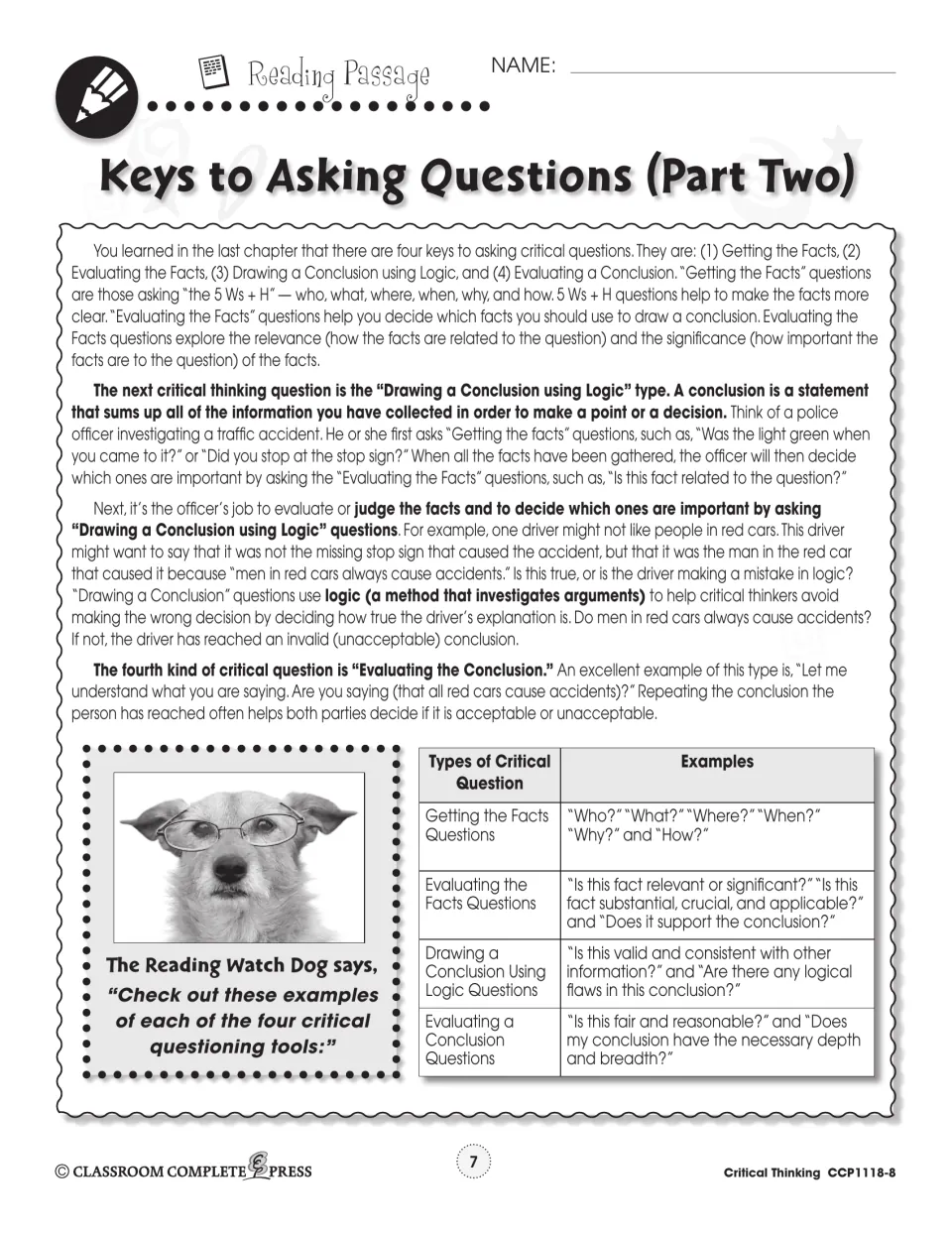 Reading passage explains drawing conclusions using logic and evaluating conclusions through a traffic accident