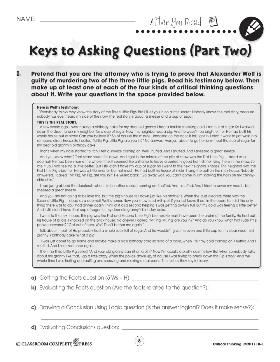 After-reading activity asks students to write four types of critical questions about Alexander Wolf’s testimony