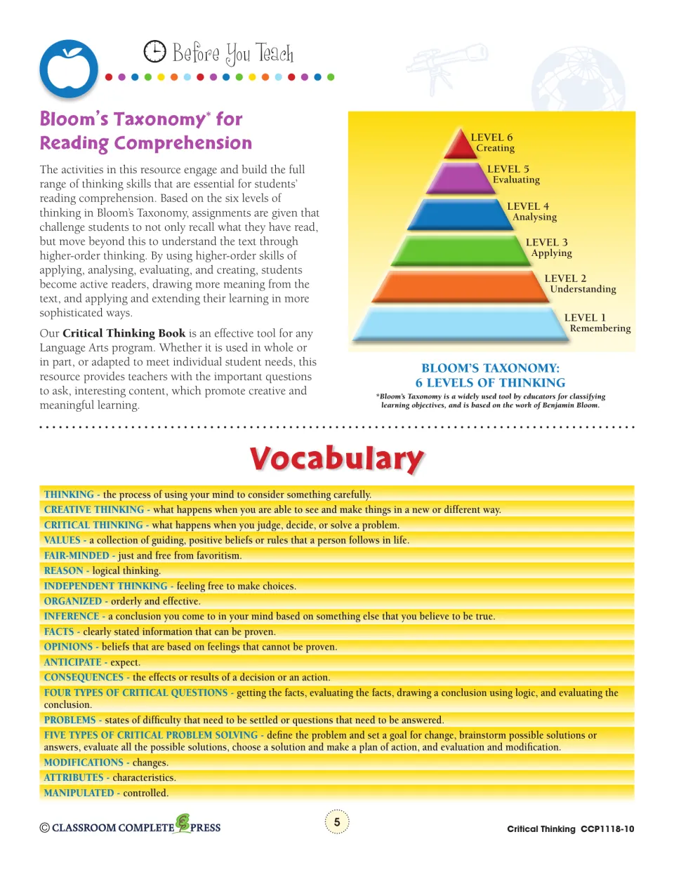 Teacher reference explains Bloom’s six thinking levels and defines vocabulary such as inference and modifications