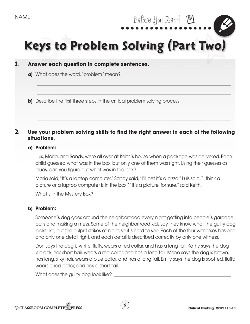 Before-reading questions review problems and the first three solving steps, followed by mystery box and dog puzzles