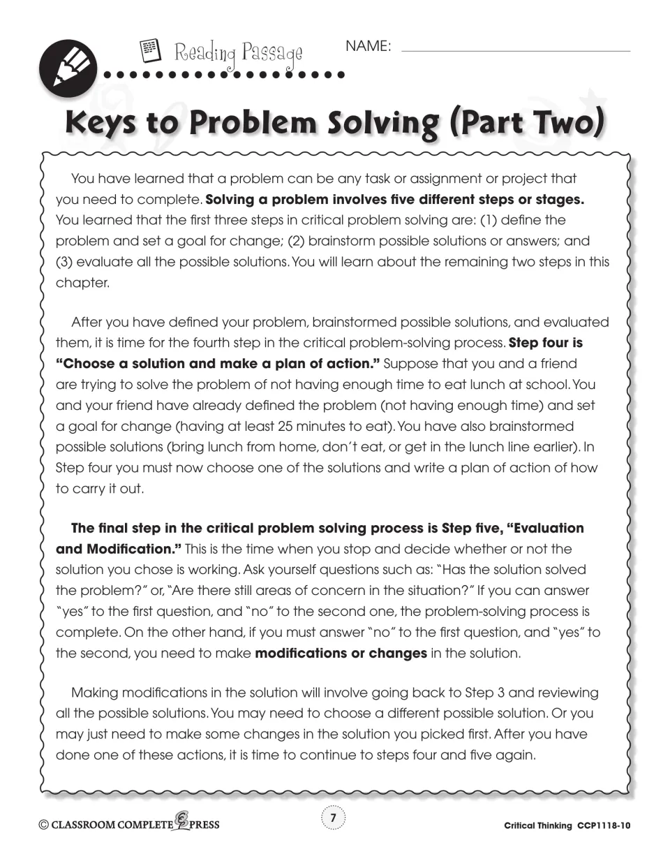 Reading passage teaches choosing a solution, making an action plan, and evaluating and modifying the solution