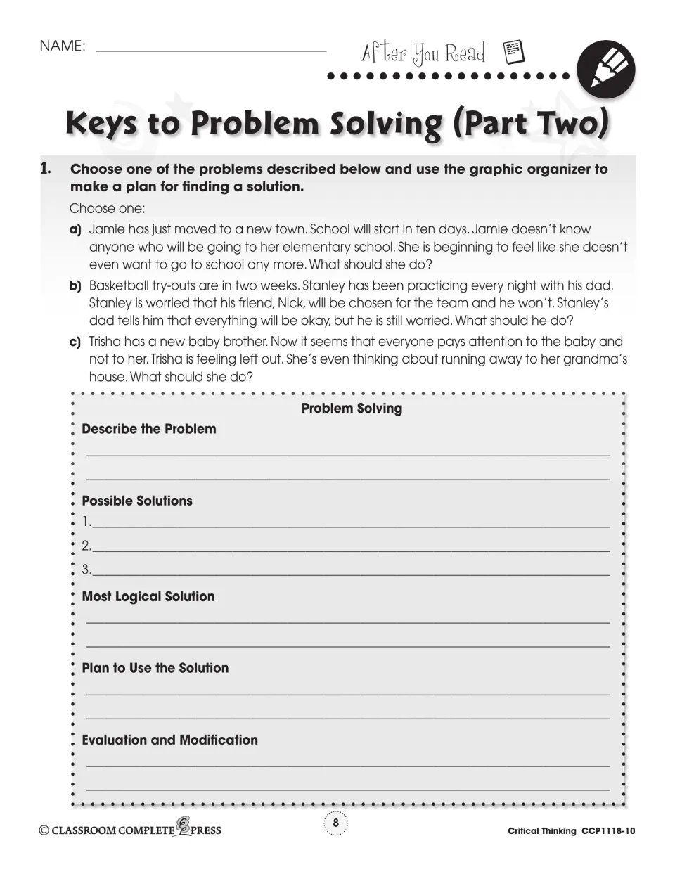 After-reading activity asks students to choose a new-school, basketball, or baby-brother problem and plan a solution
