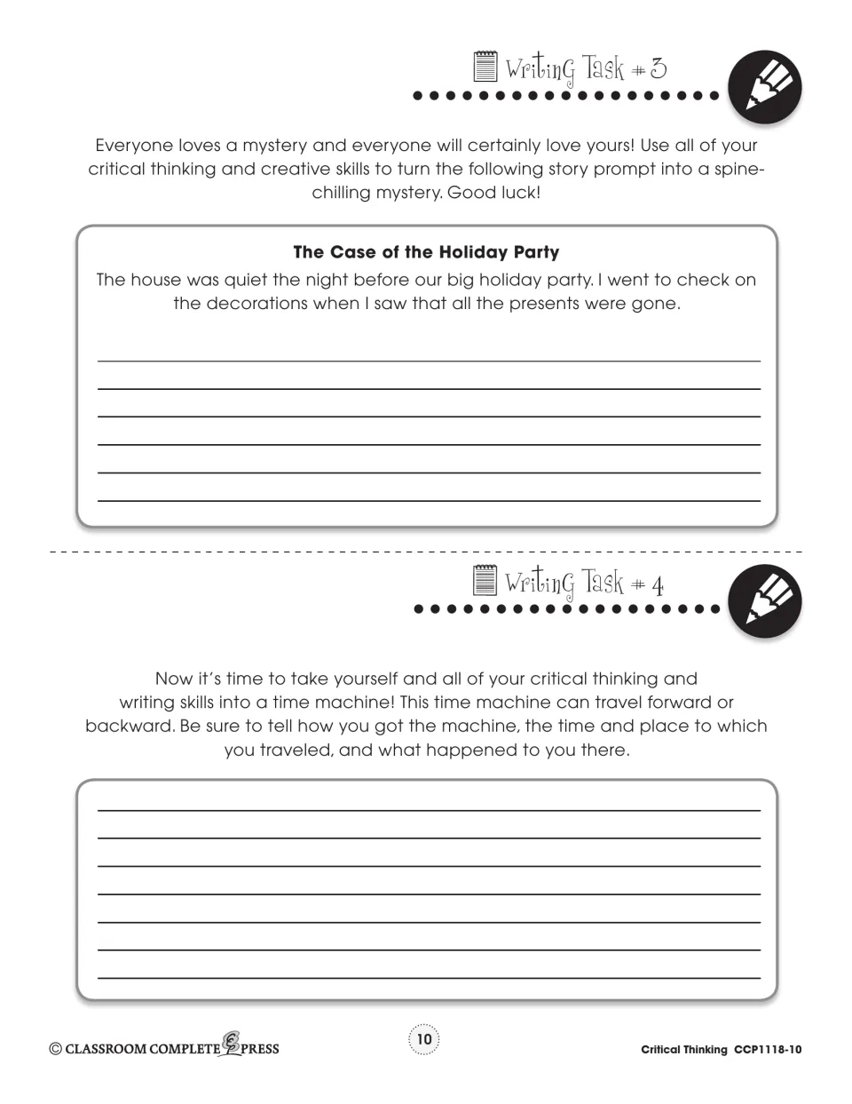 Writing tasks 3 and 4 ask students to finish a missing-presents mystery and write about traveling in a time machine