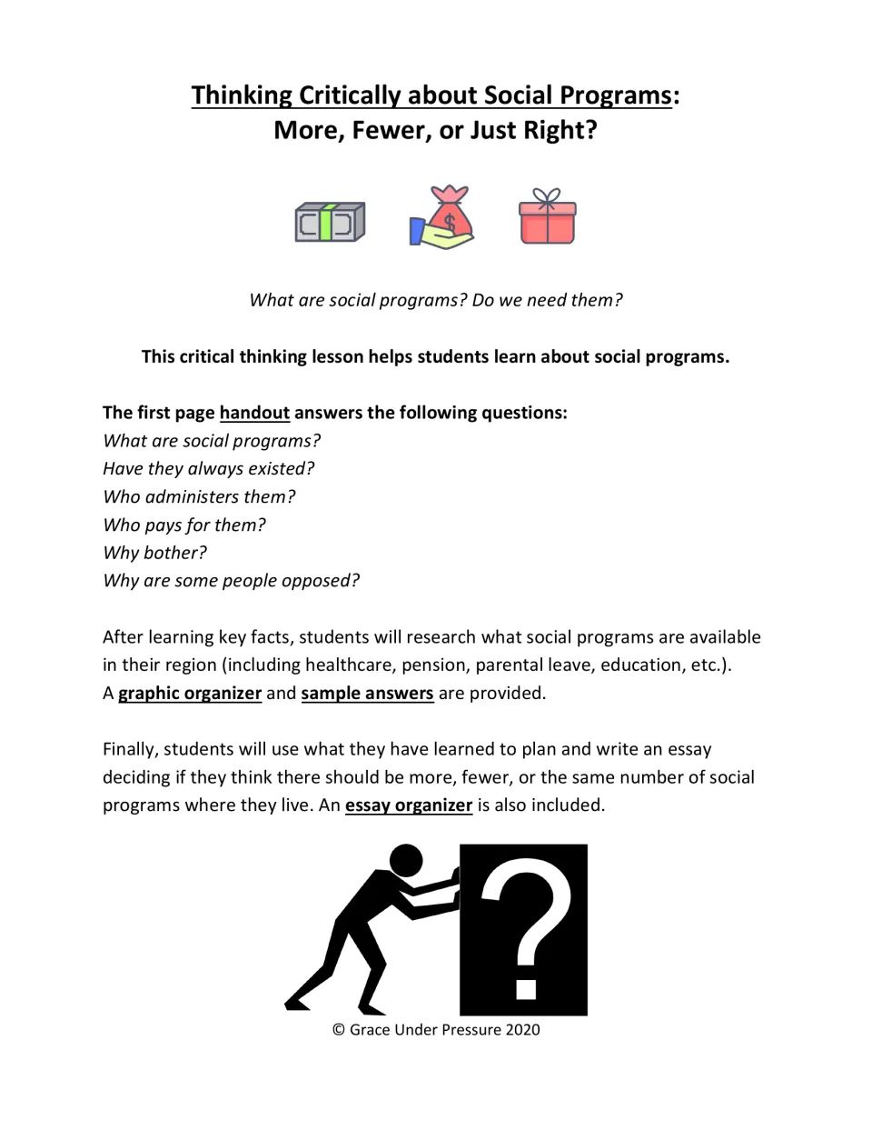 Social programs lesson overview: a fact handout, regional research organizer, sample answers and essay planner