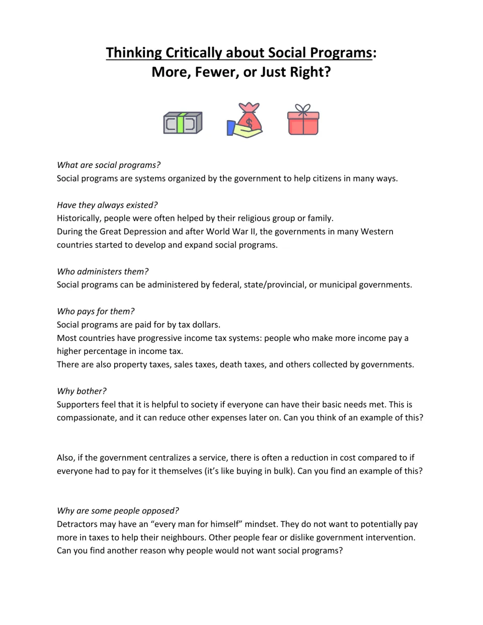 Social programs fact sheet: what they are, history, who runs and funds them, with prompts to give examples and objections