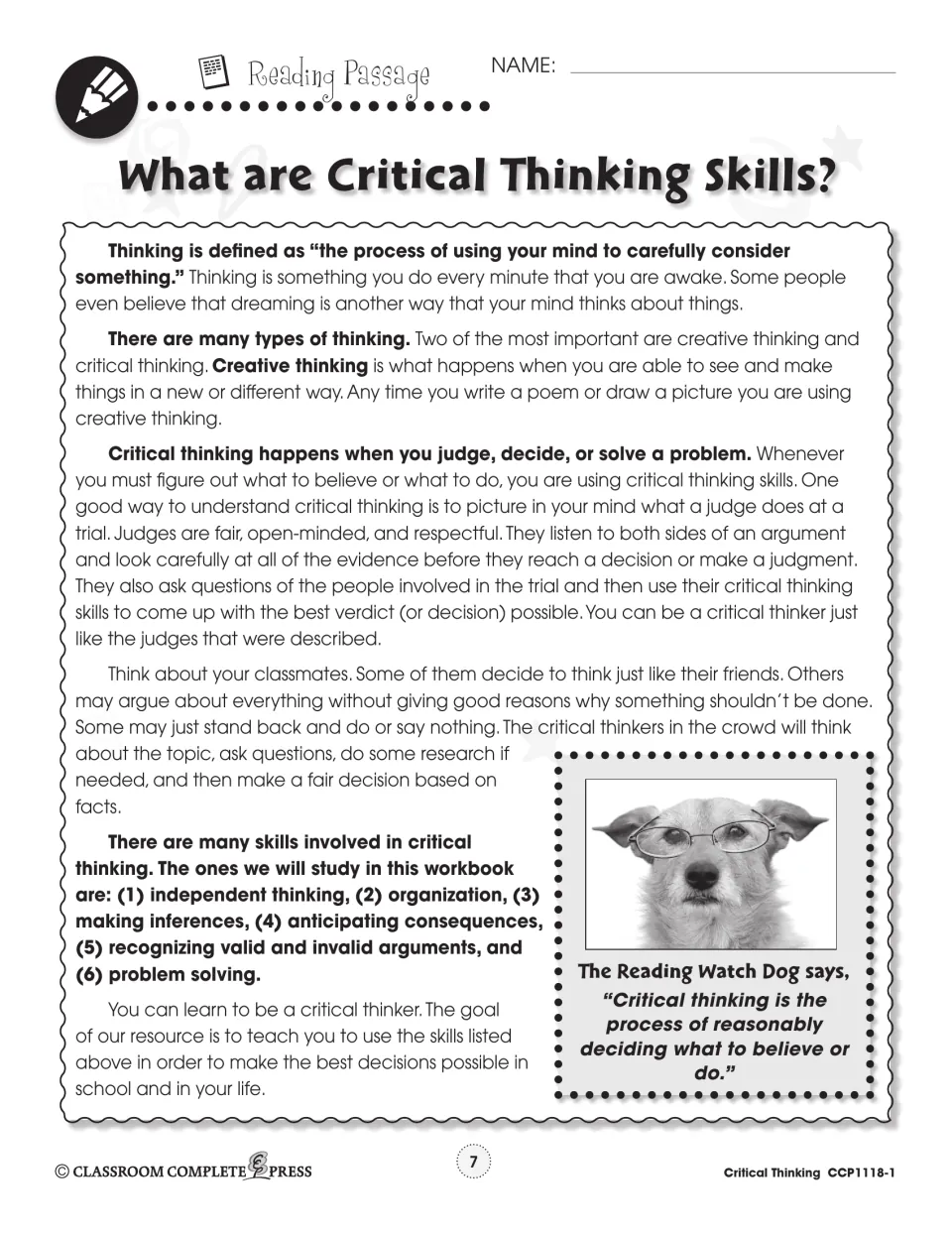 Reading passage defining thinking, creative thinking and critical thinking, likening a critical thinker to a trial judge