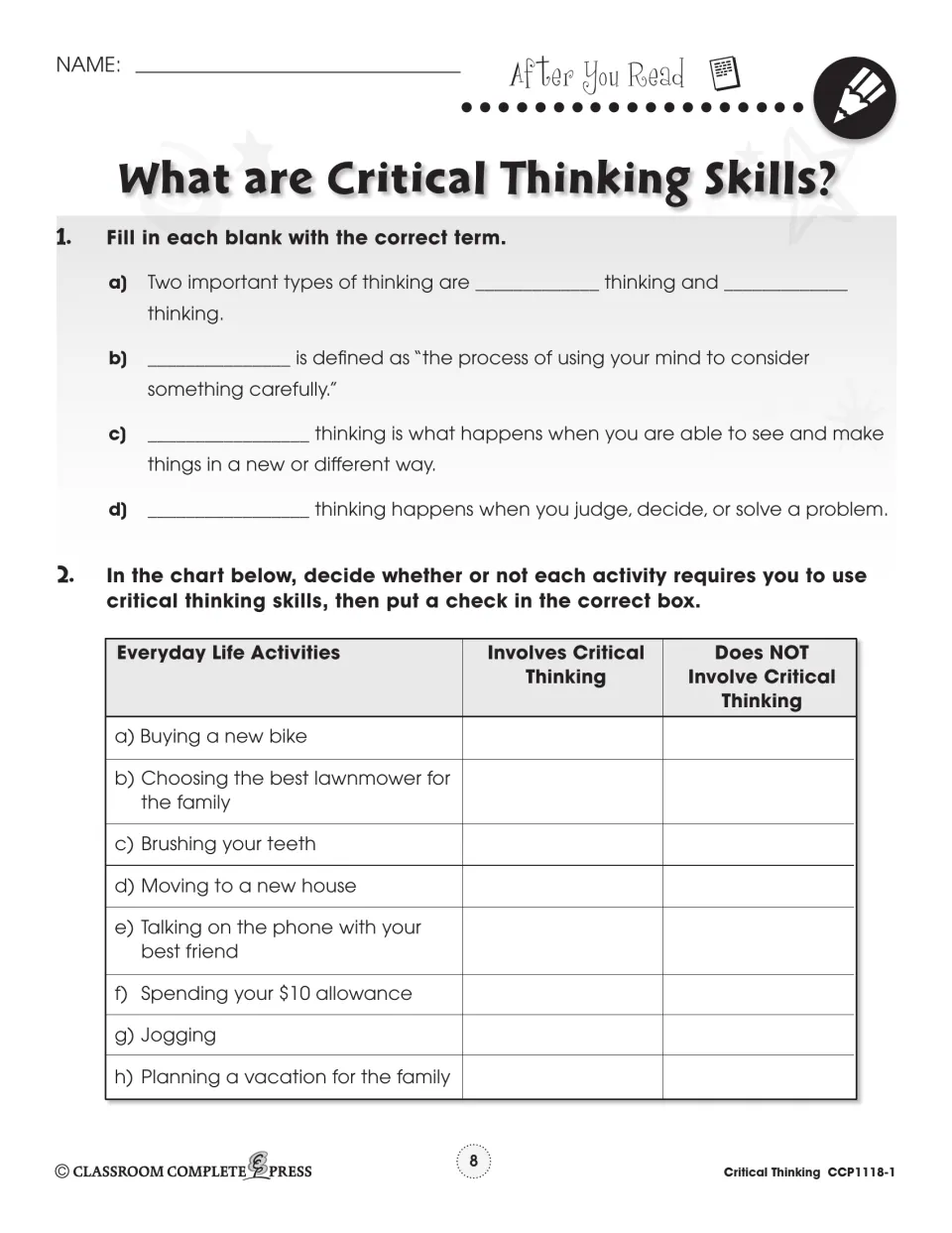 After You Read: students fill in thinking terms, then sort everyday activities by whether they involve critical thinking