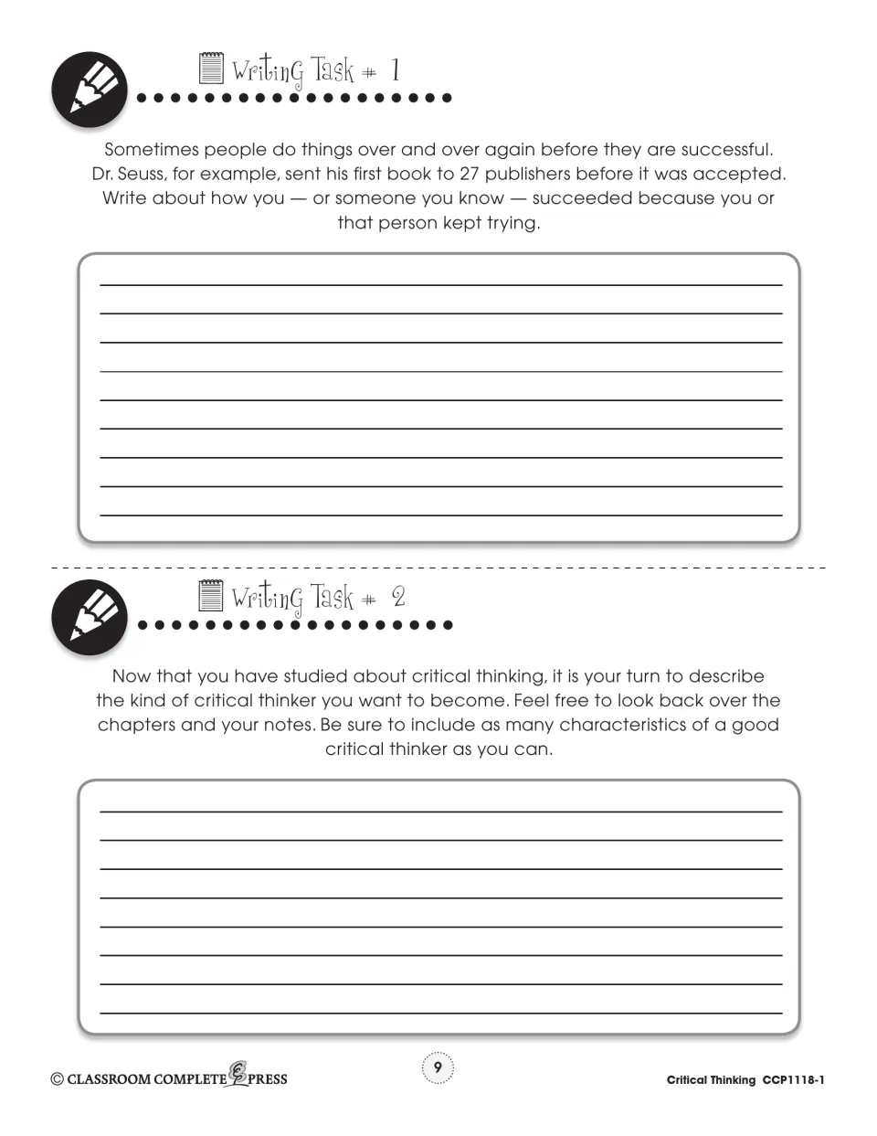 Writing tasks 1 and 2: students write about succeeding by persistence, then describe the critical thinker they want to be