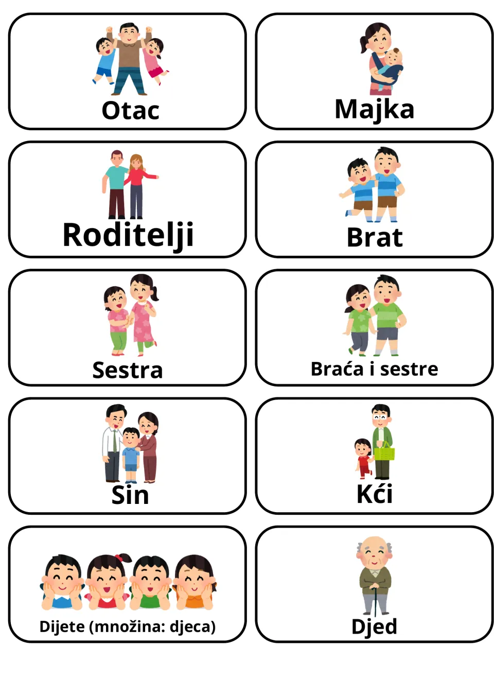 Croatian family words: 10 picture cards for family members, including Otac, Majka, Brat, Sestra, Sin, Kći and Djed
