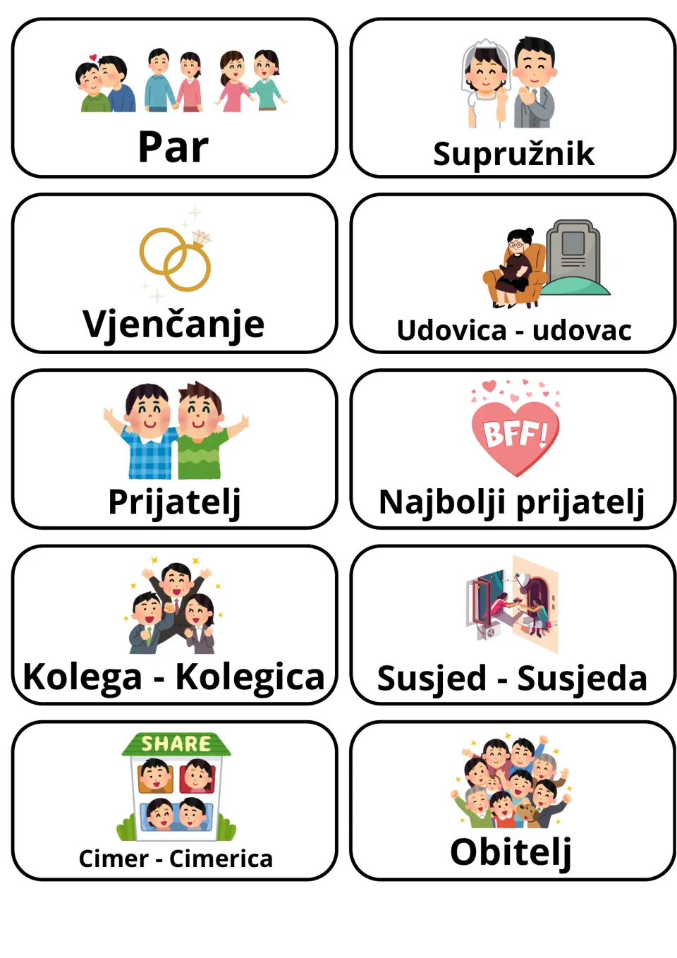 Croatian relationship words: 10 picture cards such as Par, Vjenčanje, Prijatelj, Susjed - Susjeda and Obitelj
