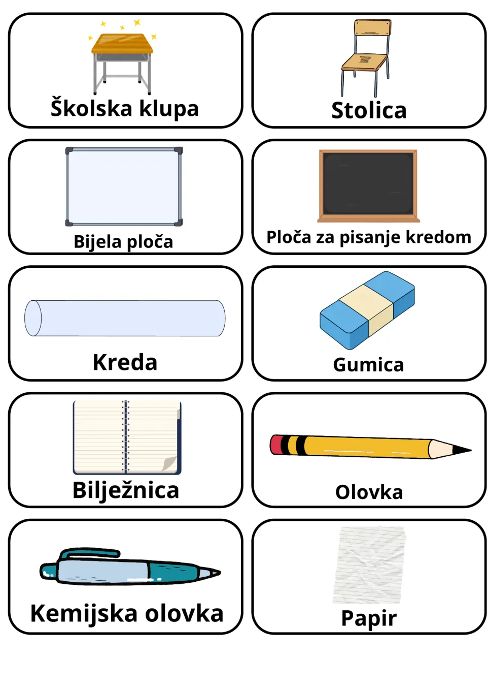Croatian classroom supplies: 10 picture cards such as Školska klupa (desk), Stolica (chair), Kreda (chalk) and Olovka