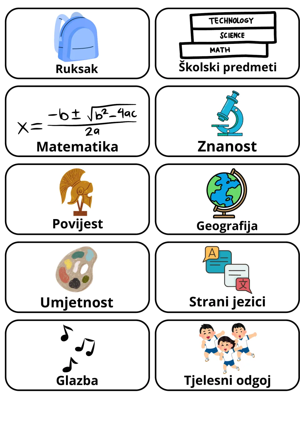 Croatian school subjects: picture cards for Ruksak, Matematika, Znanost, Povijest, Geografija, Glazba and Tjelesni odgoj