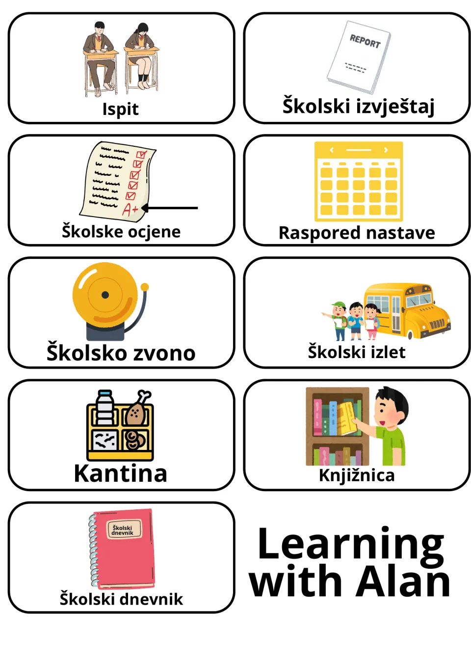 Croatian school life words: picture cards for Ispit, Školske ocjene, Raspored nastave, Školsko zvono and Knjižnica