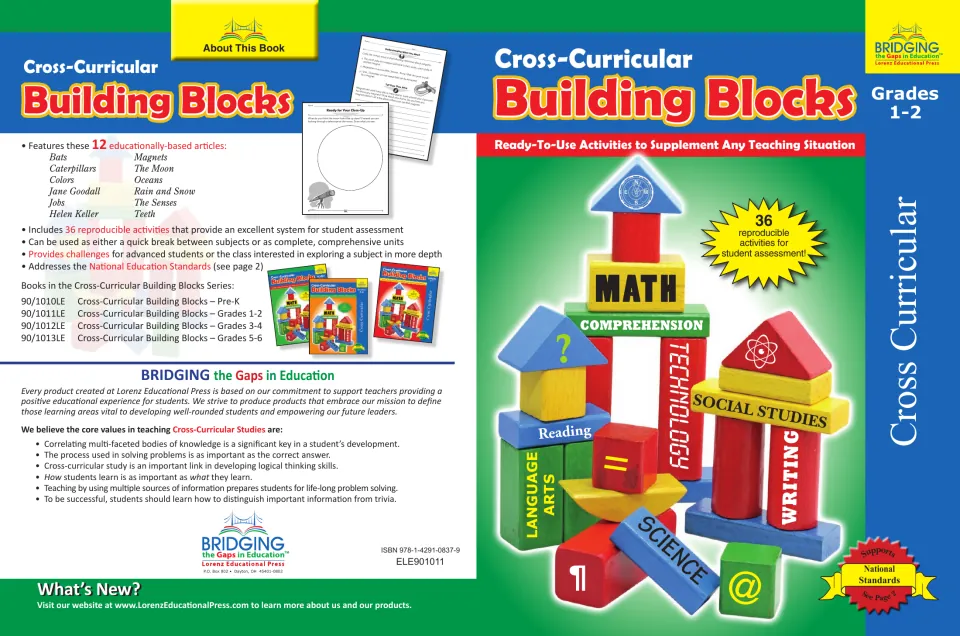 Front and back cover of Cross-Curricular Building Blocks for grades 1–2, listing 12 articles and 36 activities