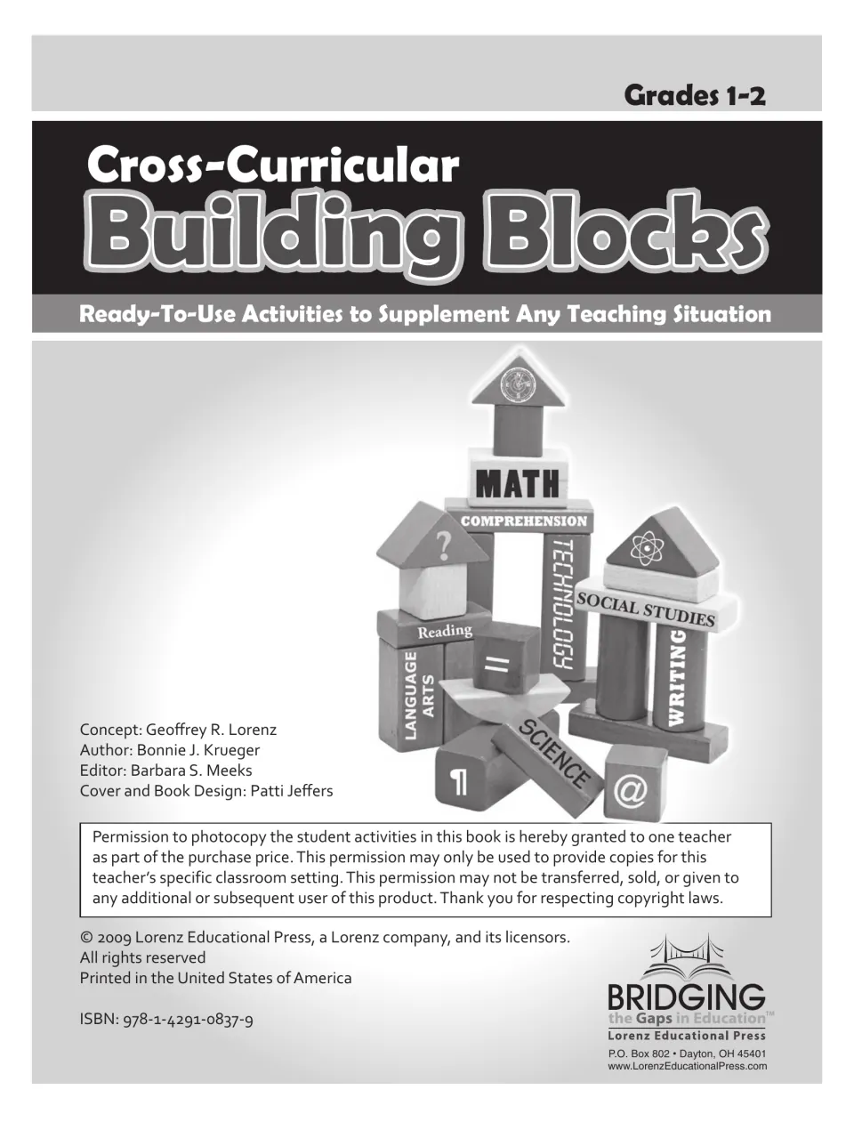Title page for the grades 1–2 activity book, naming author Bonnie J. Krueger and classroom copying permissions