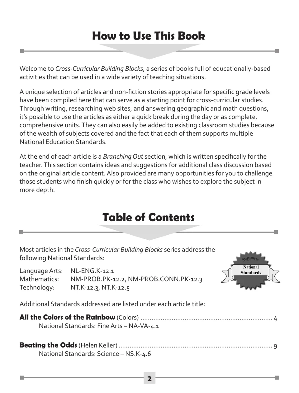 Book instructions explain article-based studies and teacher extensions; contents begin with colors and Helen Keller